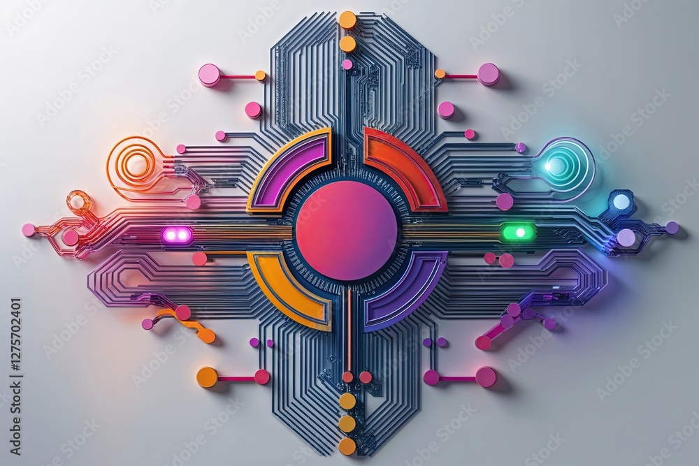 Poster distinctive emblem featuring elegant circuits and colorful swirling elements on a minimalist backgro