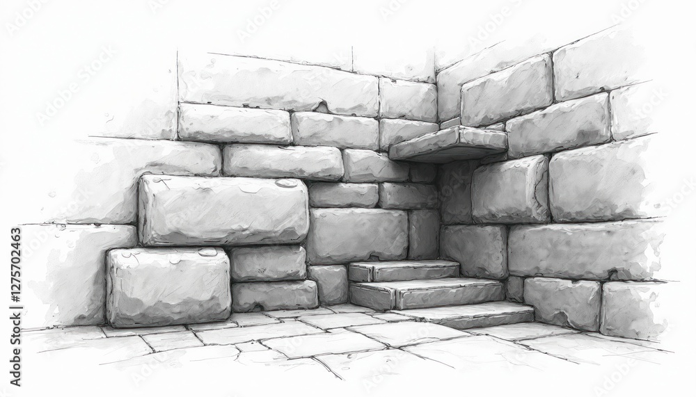 Fototapete monochrome sketch of textured stone block wall corner with steps. abstract architectural design elem