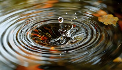 A water droplet creating ripples on the water surface