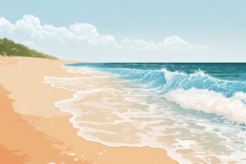 Tropical beach waves gently lapping shore, sunny sky