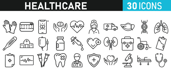 Healthcare set icons for web. Medicine and Health Care linear icon collection. Containing, Stethoscop, emergency, doctor, treatment, medical, report, diagnosis, health, prevention, patient