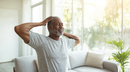 Shoulder stretch by a senior man in a bright, open living space. Featuring mobility and calm