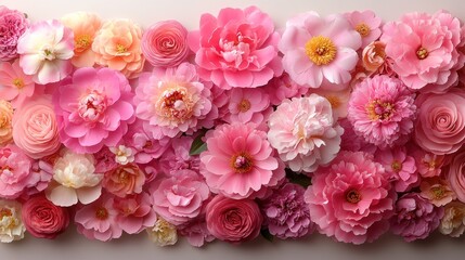 Pink paper flowers, banner, studio, floral background, craft
