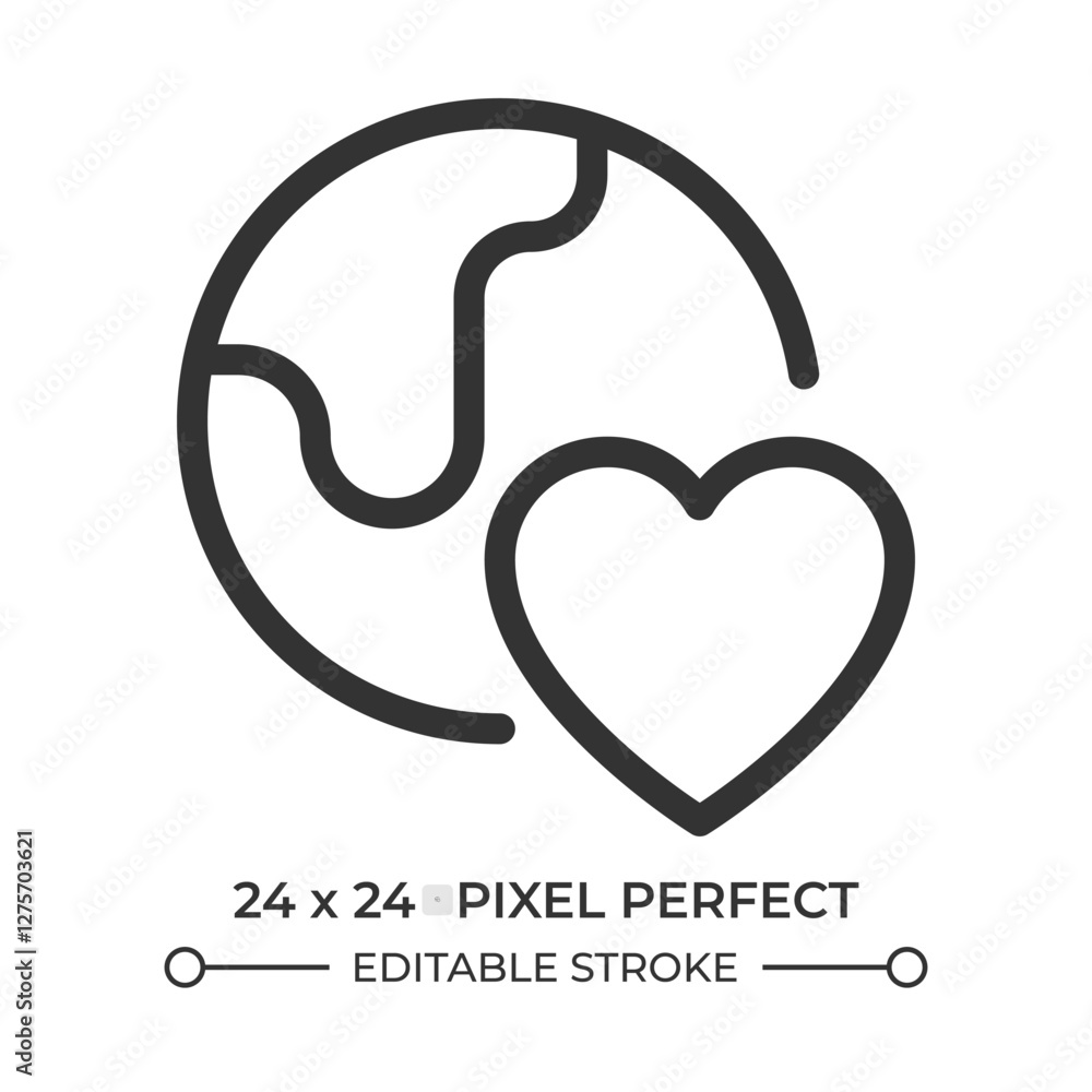 Poster Environmental care line ui icon. Earth globe with heart. Love saving world. Ecology and nature protection. Isolated vector outline symbol. Webdesign user interface element linear, pixel perfect