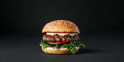 Simple Burger with White Sauce, Tomato, and Arugula on Black Background