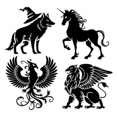 Fototapeta premium Mythical Creature Silhouette Set – Unicorn, Phoenix, Griffin & Magic Wolf Vector Art