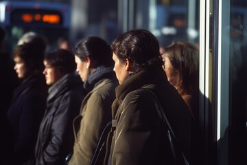 Fototapeta premium A group of people stands in line reflecting the soft sunlight, creating silhouettes against a busy urban bus stop background.