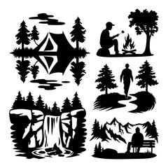 Outdoor Adventure Silhouette Set – Camping, Hiking, Waterfall & Nature Scenes Vector