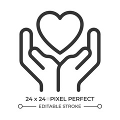 Charity line ui icon. Hands holding heart. Expressing love and care. Kindness feeling visualization. Isolated vector outline symbol. Webdesign user interface element linear, pixel perfect