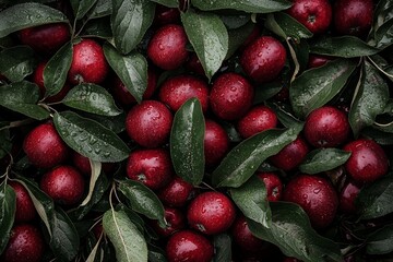 Numerous ripe and juicy red apples were covered in water droplets as a backdrop