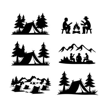 Camping and Campfire Silhouette Set &ndash; Tents, Trees & Outdoor Adventure Vector Collection