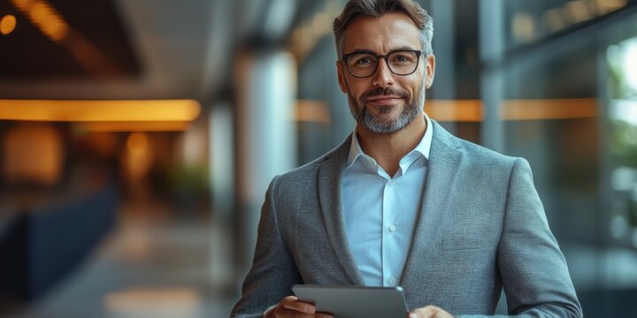 Business professional holds tablet in modern office setting during daytime while displaying confidence and approachability