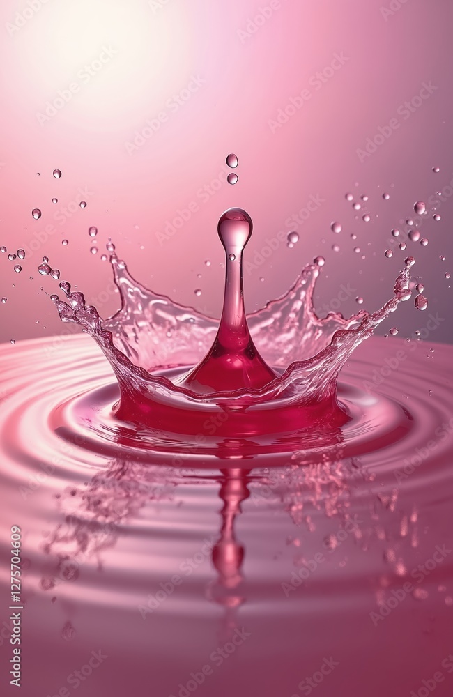 Poster macro photo of water splash with drops on pink background. abstract backdrop with liquid acrylic mix