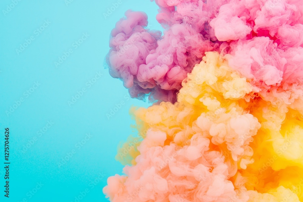 Poster a stream of paint in water, where two colors intertwine to create a new shade, set against a cloudy,