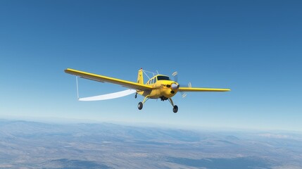 Naklejka premium In a sunny blue sky, a vintage retro airplane with a propeller engine flies with a white banner, illustrating the theme of aviation and tourism, set against a panoramic aerial view background with a