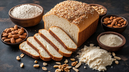 Freshly baked gluten free bread loaf surrounded by nuts and flour. This healthy option is perfect for those seeking low carb alternatives