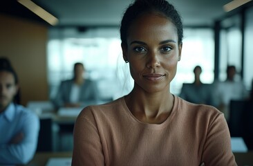 Obraz premium A confident black businesswoman is depicted in a portrait with an all African American team visible in the background