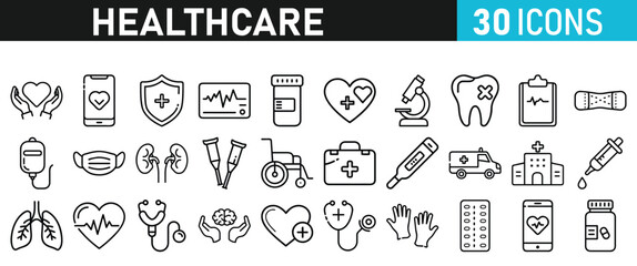 Healthcare set icons for web. Medicine and Health Care linear icon collection. Containing, Stethoscop, emergency, doctor, treatment, medical, report, diagnosis, health, prevention, patient