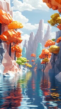 Low Poly Colorful Landscape with River and Mountain Peaks Illustration