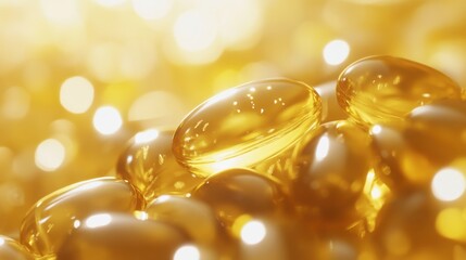 Close-up view of golden capsules reflecting light in a warm environment showcasing their texture and sheen near small glowing elements