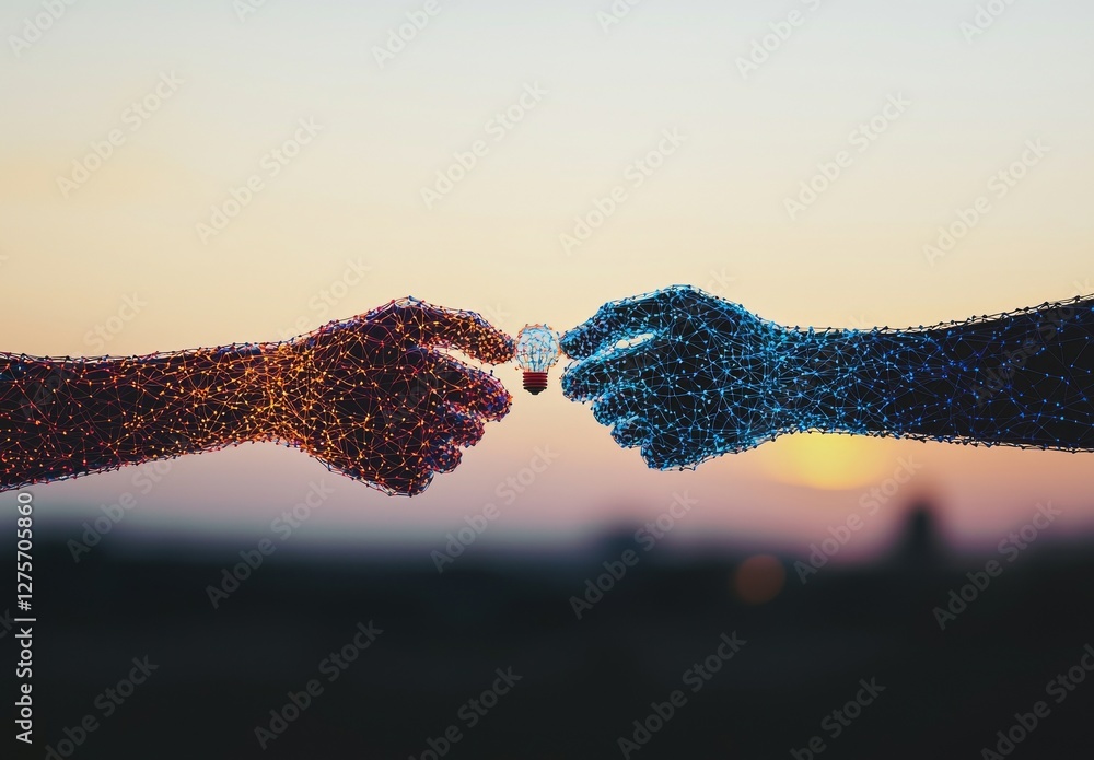 Poster abstract science is depicted as a hand holding a brain with a digital network and light bulb inside,