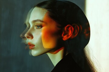 A double exposure of a woman's profile bathed in vibrant light, creating an intriguing blend of portraits with an abstract and artistic flair.