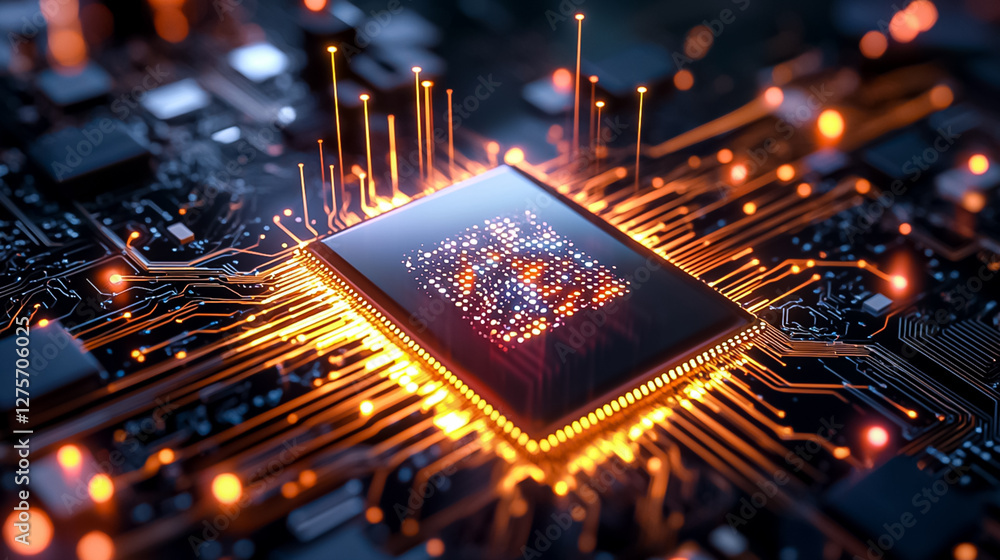 Aufkleber close-up of a high-tech microchip with glowing circuitry on a dark background conveying innovation a