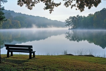 A serene lakeside view with a solitary bench invites reflection, while mist rolls over calm waters and a gentle dawn breaks.