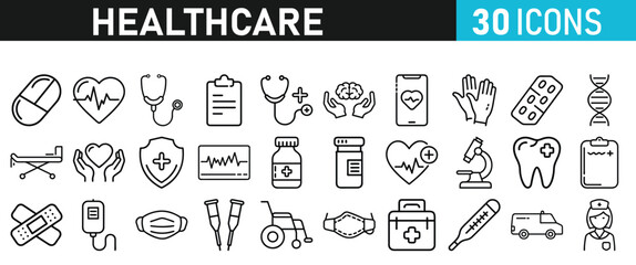 Healthcare set icons for web. Medicine and Health Care linear icon collection. Containing, Stethoscop, emergency, doctor, treatment, medical, report, diagnosis, health, prevention, patient