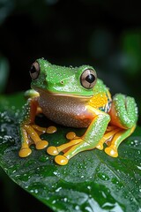 A Vibrant Green Frog Perched On A Dewy Leaf