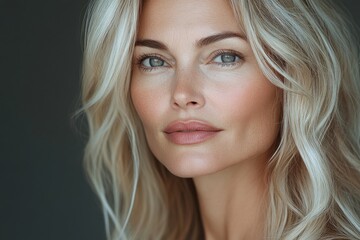 Naklejka premium Portrait of a woman with long blonde hair and striking features, showcasing natural beauty and confident expression in soft lighting