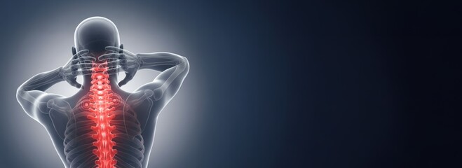 3D illustration of human spine and vertebral column. spinal code x-ray pain. with copy space banner background.