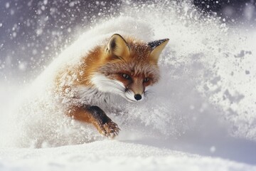 Fototapeta premium A red fox dashes through the powdery snow, kicking up a flurry of white, embodying grace and wild energy.