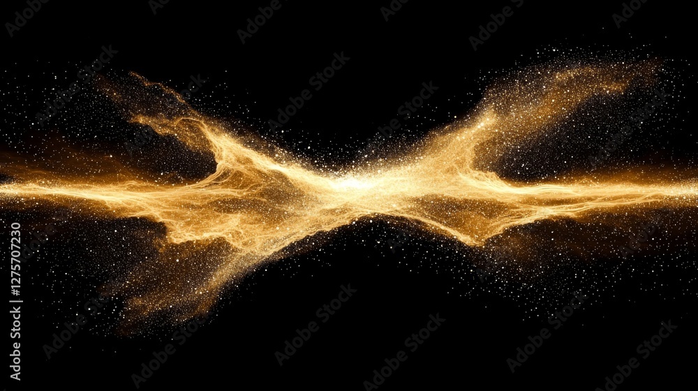 Poster a dark brown background serves as the setting for a digital signature characterized by particles, al