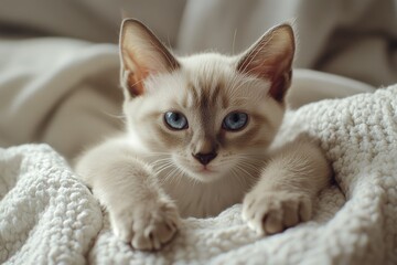 A delicate kitten with striking blue eyes rests on a soft, textured blanket, exuding innocence and tranquility in a serene setting.