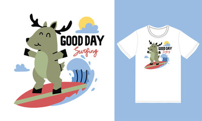 Cute deer surfinging illustration with tshirt design premium vector