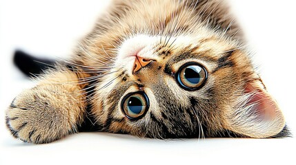 Plakat Playful cat lying on white background close-up animal photography indoor cute concept