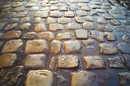 Sunlit cobblestones, wet from rain, create a reflective tapestry of light and texture, merging the historical with the ephemeral. - Powered by Adobe