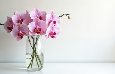 Obraz premium Orchid bouquet on white table. Pink phalaenopsis flowers in glass vase home interior. Concept Valentines Day, Mothers Day greetings, copy space for text.