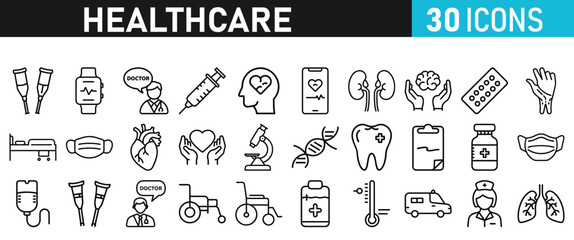 Healthcare set icons for web. Medicine and Health Care linear icon collection. Containing, Stethoscop, emergency, doctor, treatment, medical, report, diagnosis, health, prevention, patient