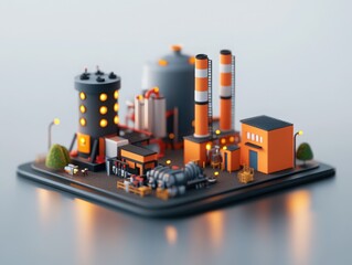 Obraz premium Isometric icon of a modern industrial power plant with a red and black color palette. The factory includes advanced engines, turbines, and cooling systems.