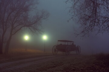 Fototapeta premium A vintage horse carriage elegantly silhouetted against foggy morning light, with bare trees and lampposts creating a mysterious, atmospheric scene.