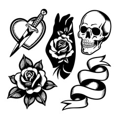 Traditional Tattoo Flash Set – Skull, Rose, Dagger, Heart & Banner Vector Collection