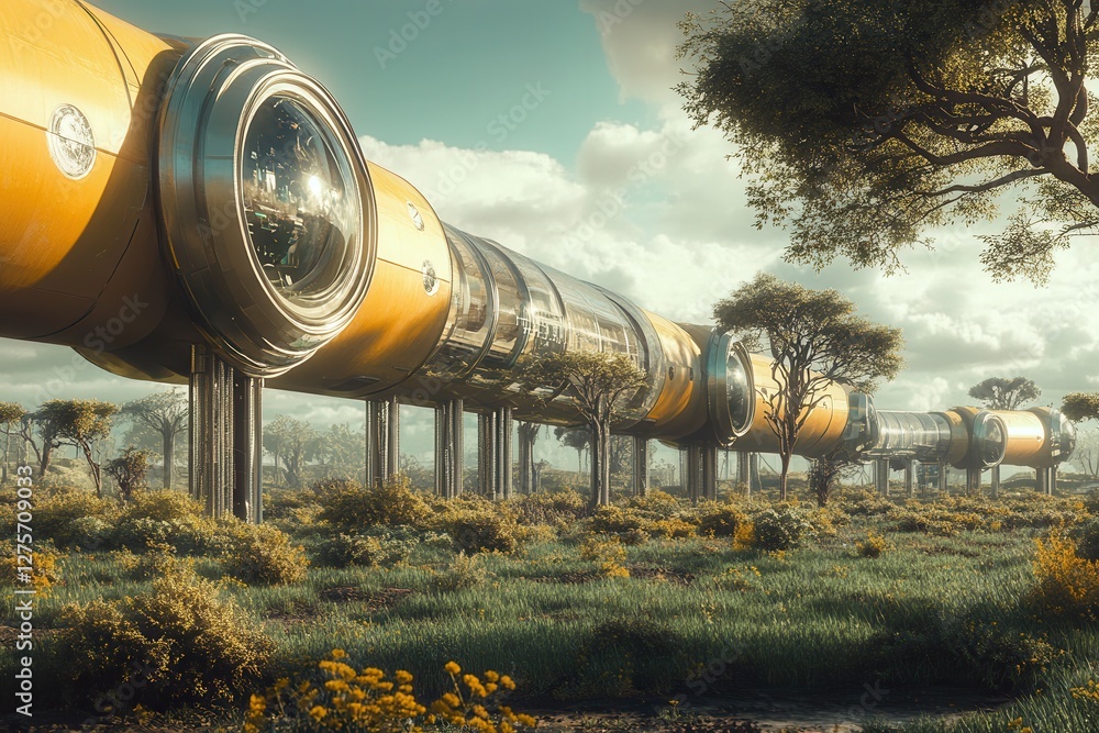 Poster a futuristic hyperloop system transporting passengers and cargo across continents at unprecedented s