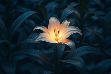A glowing lily shines amidst shadowy leaves, its petals radiating warmth and tranquility in the serene twilight garden.