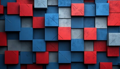 Abstract 3D Blocks Pattern, Red Blue Gray, Geometric Background