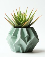 Modern geometric succulent planter with sharp faceted edges, featuring a vibrant green aloe plant in a minimalist botanical setting.