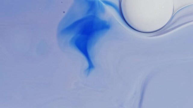 Fluid art painting video showcasing modern acrylic textures with pastel bubbles. Liquid paint mixing forms a backdrop of waves and swirls, with overflowing colors in blue, white, and pink.