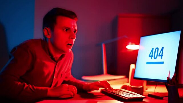  Shocked programmer facing 404 error on computer screen at night