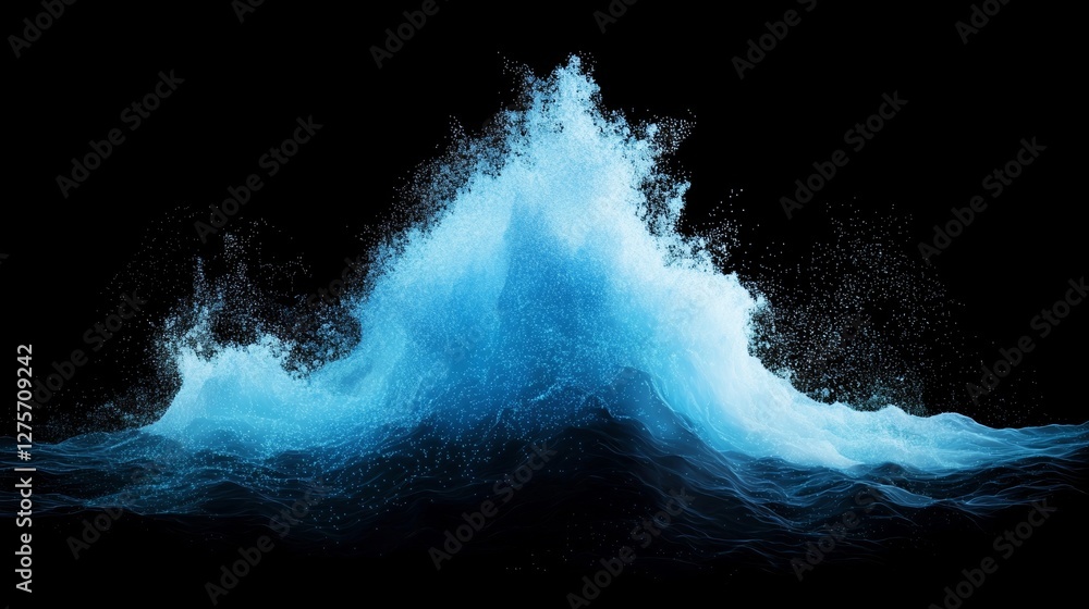 Poster digital particles in an abstract blue hue undulate in a wavy motion set against a bokeh and light ba